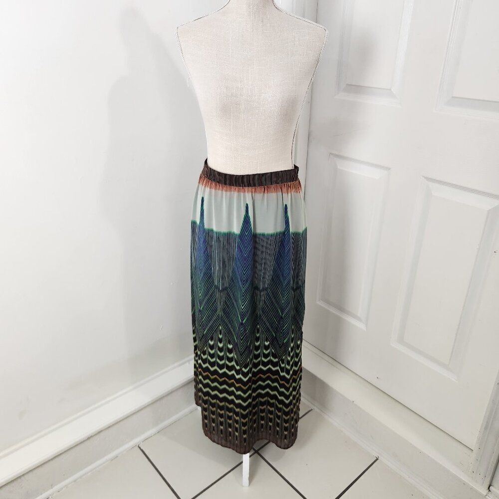 Maeve Skirt Womens XS Blue Peacock Feathers Maxi Lined Festival Anthropologie